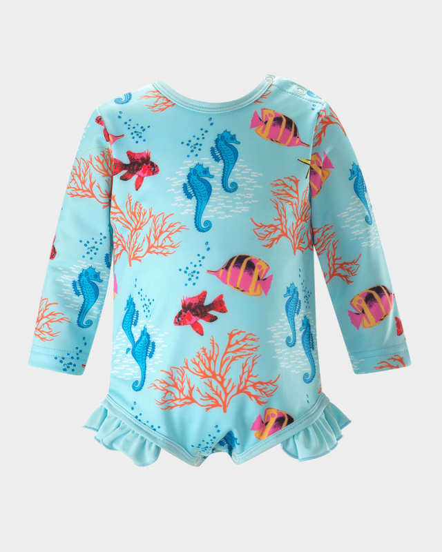 Girl's Coral Reef Frill Rashguard One-Piece Swimsuit, Size 6M-24